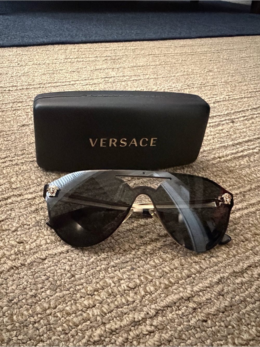 Versace Black Shield Sunglasses with Gold Accents